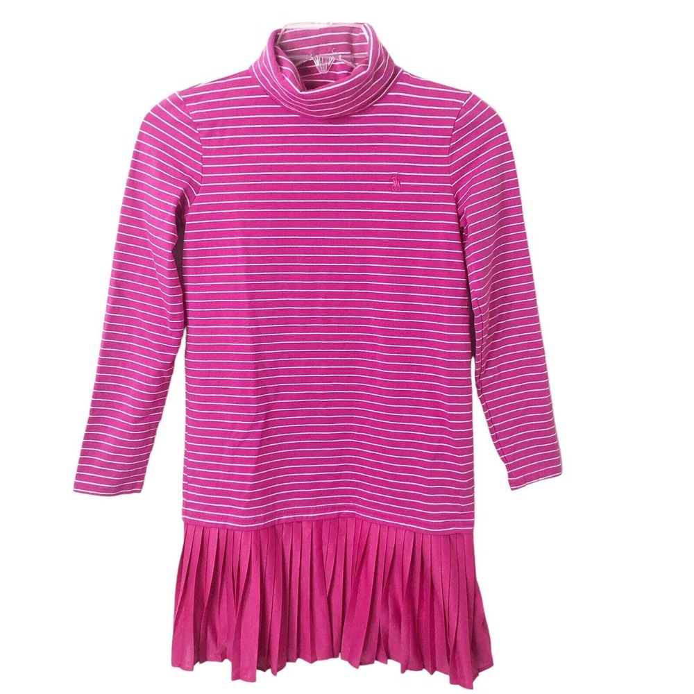 Polo Ralph Lauren Girls' Pink Striped Turtleneck Dress Pleated Skirt Large 12-14